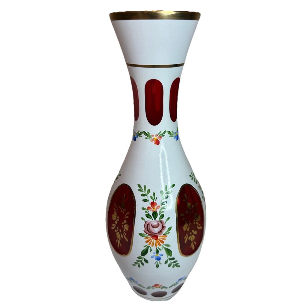 Vintage Bohemian White Cut to Cranberry Caraf / Decanter Czech Glass Handpainted
